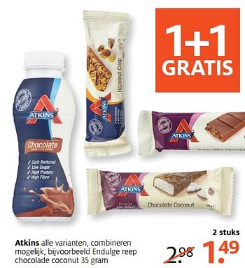 Aanbiedingen Atkins endulge reep chocolade coconut - Atkins - Geldig van 11/09/2017 tot 24/09/2017 bij Etos