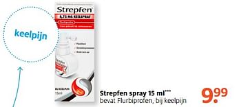 Aanbiedingen Strepfen spray bevat flurbiprofen, bij keelpijn - Strepfen - Geldig van 11/09/2017 tot 24/09/2017 bij Etos