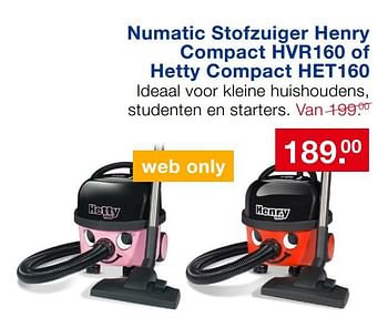 Aanbiedingen Numatic stofzuiger henry compact hvr160 of hetty compact het160 - Numatic International - Geldig van 17/09/2017 tot 08/10/2017 bij Handyman