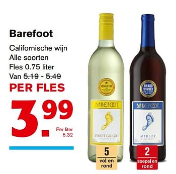 Aanbiedingen Barefoot californische wijn - Witte wijnen - Geldig van 20/09/2017 tot 26/09/2017 bij Hoogvliet