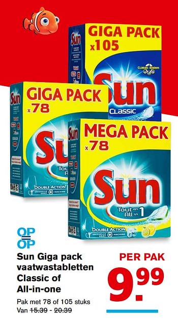Aanbiedingen Sun giga pack vaatwastabletten classic of all-in-one - Sun - Geldig van 20/09/2017 tot 26/09/2017 bij Hoogvliet