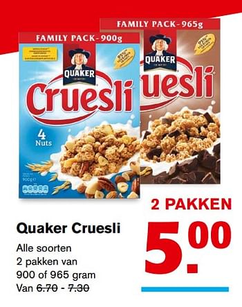 Aanbiedingen Quaker cruesli - Quaker - Geldig van 20/09/2017 tot 26/09/2017 bij Hoogvliet