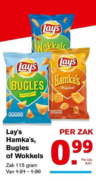 Aanbiedingen Lay`s hamka`s, bugles of wokkels - Lay's - Geldig van 20/09/2017 tot 26/09/2017 bij Hoogvliet