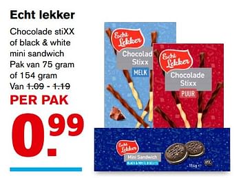 Aanbiedingen Echt lekker chocolade stixx of black + white mini sandwich - Echt Lekker - Geldig van 20/09/2017 tot 26/09/2017 bij Hoogvliet