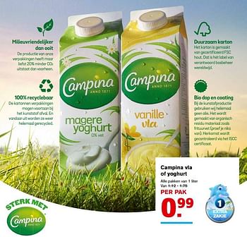 Aanbiedingen Campina vla of yoghurt - Campina - Geldig van 13/09/2017 tot 19/09/2017 bij Hoogvliet