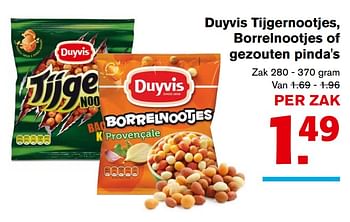 Aanbiedingen Duyvis tijgernootjes, borrelnootjes of gezouten pinda`s - Duyvis - Geldig van 13/09/2017 tot 19/09/2017 bij Hoogvliet