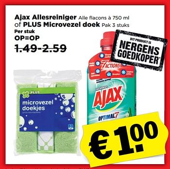 Aanbiedingen Ajax allesreiniger of plus microvezel doek - Ajax - Geldig van 17/09/2017 tot 23/09/2017 bij Plus