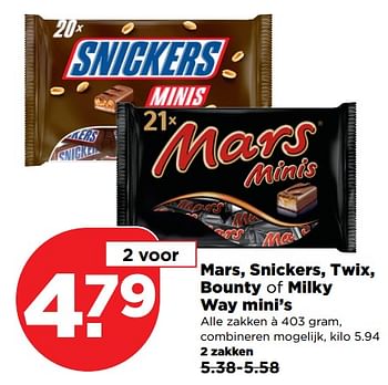 Aanbiedingen Mars, snickers, twix, bounty of milky way mini`s - Mars - Geldig van 17/09/2017 tot 23/09/2017 bij Plus