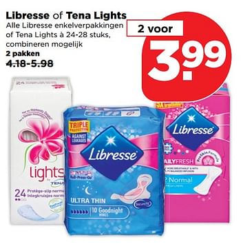 Aanbiedingen Libresse of tena lights - Libresse - Geldig van 17/09/2017 tot 23/09/2017 bij Plus