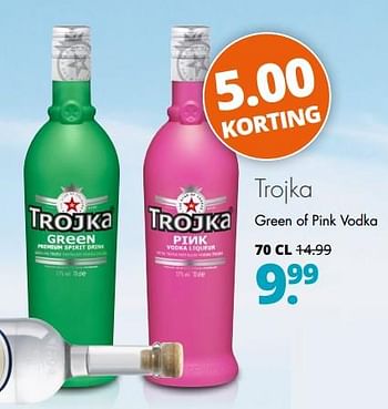 Aanbiedingen Trojka green of pink vodka - Trojka - Geldig van 14/09/2017 tot 23/09/2017 bij Mitra