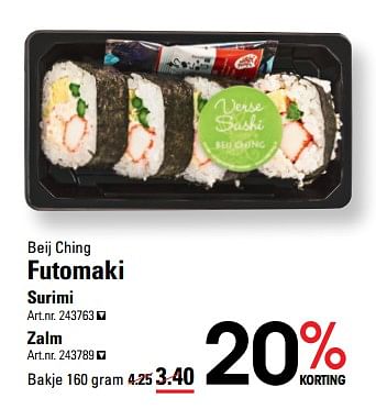 Aanbiedingen Beij ching futomaki surimi - Beij Ching - Geldig van 14/09/2017 tot 02/10/2017 bij Sligro