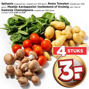 Aanbiedingen Spinazie roma tomaten maaltje aardappelen vastkokend of kruimig kastanje champignons - Huismerk Vomar - Geldig van 17/09/2017 tot 23/09/2017 bij Vomar