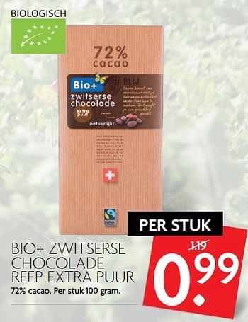 Aanbiedingen Bio+ zwitserse chocolade reep extra puur - Bio+ - Geldig van 17/09/2017 tot 23/09/2017 bij Deka Markt
