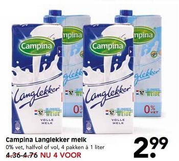 Aanbiedingen Campina langlekker melk - Campina - Geldig van 17/09/2017 tot 23/09/2017 bij Em-té