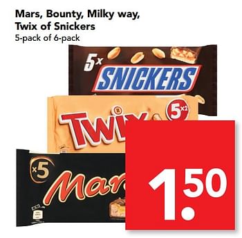 Aanbiedingen Mars, bounty, milky way, twix of snickers - Huismerk deen supermarkt - Geldig van 17/09/2017 tot 23/09/2017 bij Deen Supermarkten