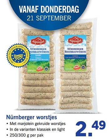 Aanbiedingen Nürnberger worstjes - Alpengut - Geldig van 17/09/2017 tot 24/09/2017 bij Lidl