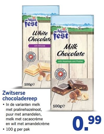 Aanbiedingen Zwitserse chocoladereep - Alpen Fest - Geldig van 17/09/2017 tot 24/09/2017 bij Lidl