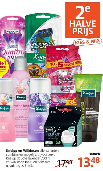 Aanbiedingen Kneipp douche lavendel en wilkinson intuition sensitive navulmesjes - Huismerk - Etos - Geldig van 18/09/2017 tot 24/09/2017 bij Etos