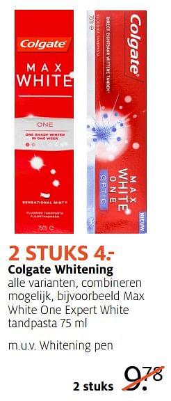 Aanbiedingen Max white one expert white tandpasta - Colgate - Geldig van 18/09/2017 tot 24/09/2017 bij Etos