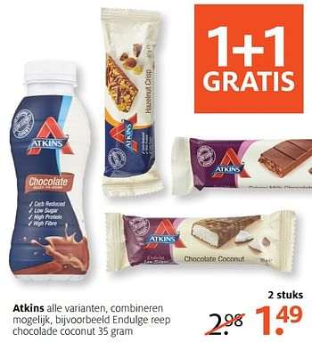 Aanbiedingen Endulge reep chocolade coconut - Atkins - Geldig van 18/09/2017 tot 24/09/2017 bij Etos