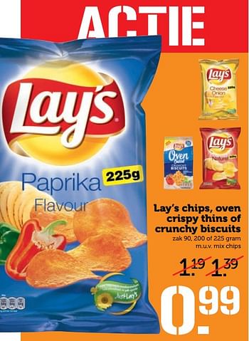 Aanbiedingen Lay`s chips, oven crispy thins of crunchy biscuits - Lay's - Geldig van 18/09/2017 tot 24/09/2017 bij Coop