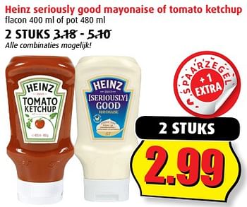 Aanbiedingen Heinz seriously good mayonaise of tomato ketchup - Heinz - Geldig van 20/09/2017 tot 26/09/2017 bij Boni Supermarkt