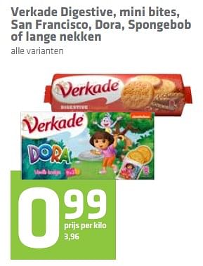 Aanbiedingen Verkade digestive, mini bites, san francisco, dora, spongebob of lange nekken - Verkade - Geldig van 21/09/2017 tot 04/10/2017 bij Attent