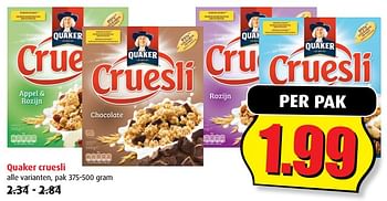 Aanbiedingen Quaker cruesli - Quaker - Geldig van 20/09/2017 tot 26/09/2017 bij Boni Supermarkt