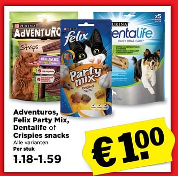 Aanbiedingen Adventuros, felix party mix, dentalife of crispies snacks - Purina - Geldig van 24/09/2017 tot 30/09/2017 bij Plus