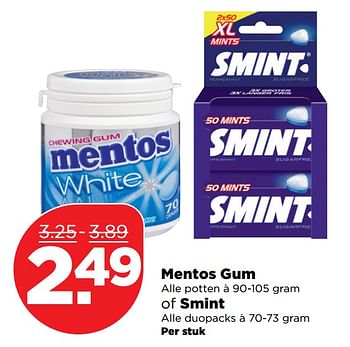 Aanbiedingen Mentos gum of smint - Mentos - Geldig van 24/09/2017 tot 30/09/2017 bij Plus