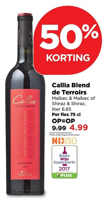 Aanbiedingen Callia blend de terroirs - Rode wijnen - Geldig van 24/09/2017 tot 30/09/2017 bij Plus
