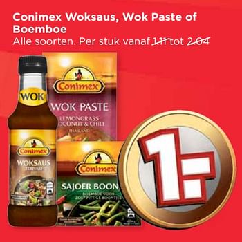 Aanbiedingen Conimex woksaus, wok paste of boemboe - Conimex - Geldig van 24/09/2017 tot 30/09/2017 bij Vomar