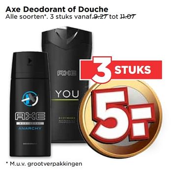 Aanbiedingen Axe deodorant of douche - Axe - Geldig van 24/09/2017 tot 30/09/2017 bij Vomar