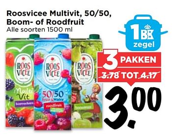 Aanbiedingen Roosvicee multivit, 50-50, boom- of roodfruit - Roosvicee - Geldig van 24/09/2017 tot 30/09/2017 bij Vomar