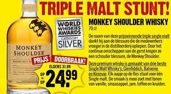 Aanbiedingen Monkey shoulder whisky - Monkey Shoulder - Geldig van 24/09/2017 tot 30/09/2017 bij Dirk III