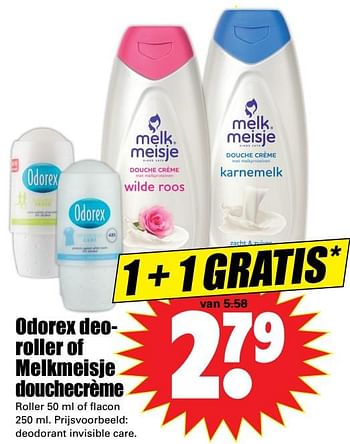 Aanbiedingen Odorex deoroller of melkmeisje douchecrème - Huismerk - Dirk - Geldig van 24/09/2017 tot 30/09/2017 bij Lekker Doen