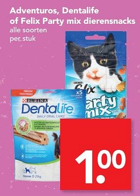 Aanbiedingen Adventuros, dentalife of felix party mix dierensnacks - Purina - Geldig van 24/09/2017 tot 30/09/2017 bij Deen Supermarkten