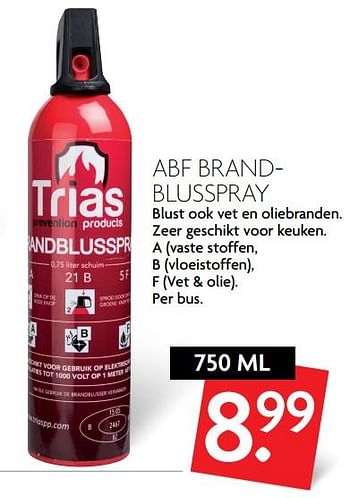 Aanbiedingen Abf brand- blusspray - Trias Products - Geldig van 24/09/2017 tot 30/09/2017 bij Deka Markt