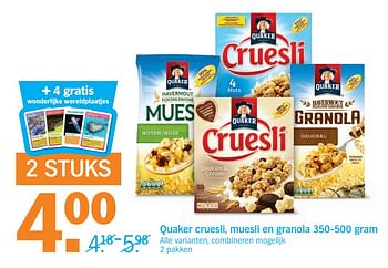 Aanbiedingen Quaker cruesli, muesli en granola - Quaker - Geldig van 25/09/2017 tot 01/10/2017 bij Albert Heijn