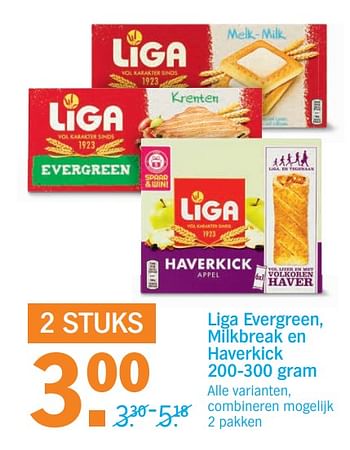 Aanbiedingen Liga evergreen, milkbreak en haverkick - Liga - Geldig van 25/09/2017 tot 01/10/2017 bij Albert Heijn