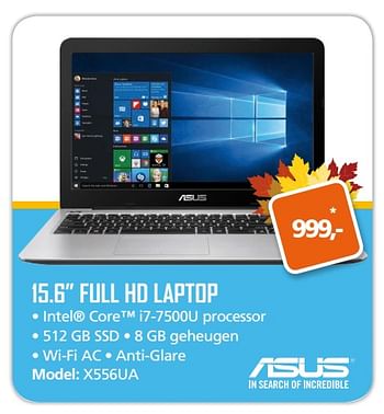 Aanbiedingen Asus 15.6 full hd laptop x556ua - Asus - Geldig van 25/09/2017 tot 15/10/2017 bij ITprodeals