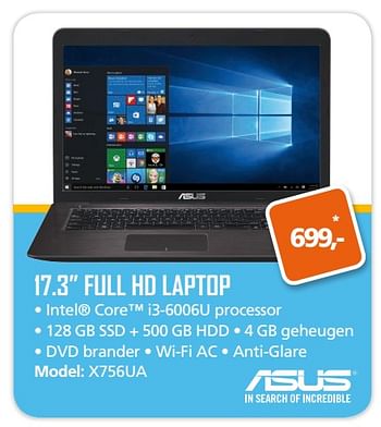 Aanbiedingen Asus 17.3 full hd laptop x756ua - Asus - Geldig van 25/09/2017 tot 15/10/2017 bij ITprodeals