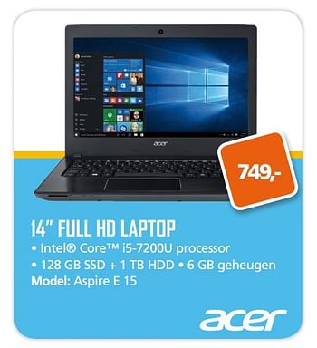 Aanbiedingen Acer 14 full hd laptop aspire e 15 - Acer - Geldig van 25/09/2017 tot 15/10/2017 bij ITprodeals