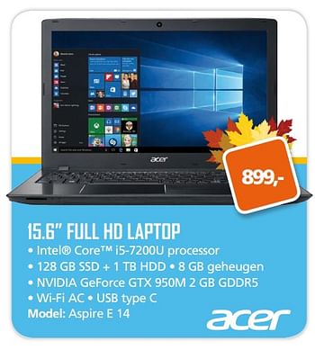 Aanbiedingen Acer 15.6 full hd laptop aspire e 14 - Acer - Geldig van 25/09/2017 tot 15/10/2017 bij ITprodeals