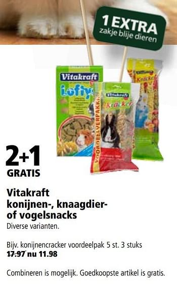 Aanbiedingen Vitakraft konijnen-, knaagdier of vogelsnacks - Vitakraft - Geldig van 25/09/2017 tot 08/10/2017 bij Welkoop