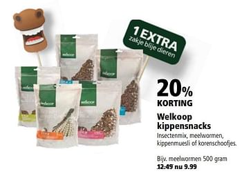 Aanbiedingen Welkoop kippensnacks meelwormen - Huismerk - Welkoop - Geldig van 25/09/2017 tot 08/10/2017 bij Welkoop