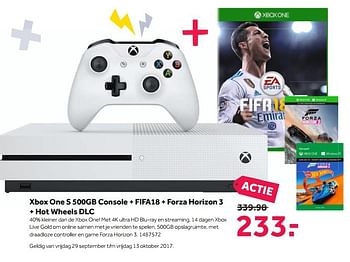 Aanbiedingen Xbox one s 500gb console + fifa18 + forza horizon 3 + hot wheels dlc - Microsoft - Geldig van 25/09/2017 tot 08/10/2017 bij Intertoys