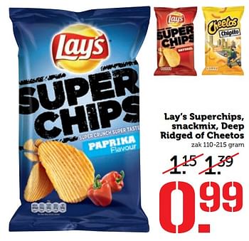 Aanbiedingen Lay`s superchips, snackmix, deep ridged of cheetos - Lay's - Geldig van 25/09/2017 tot 01/10/2017 bij Coop