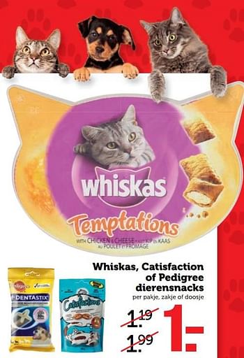 Aanbiedingen Whiskas, catisfaction of pedigree dierensnacks - Huismerk - Coop - Geldig van 25/09/2017 tot 01/10/2017 bij Coop