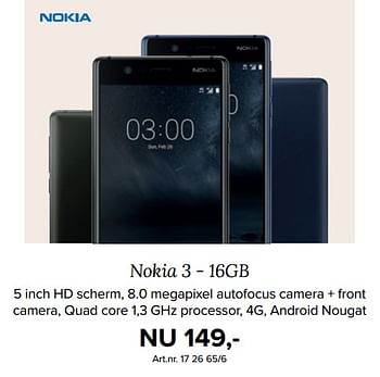 Aanbiedingen Nokia 3 - 16gb - Nokia - Geldig van 25/09/2017 tot 08/10/2017 bij Kijkshop